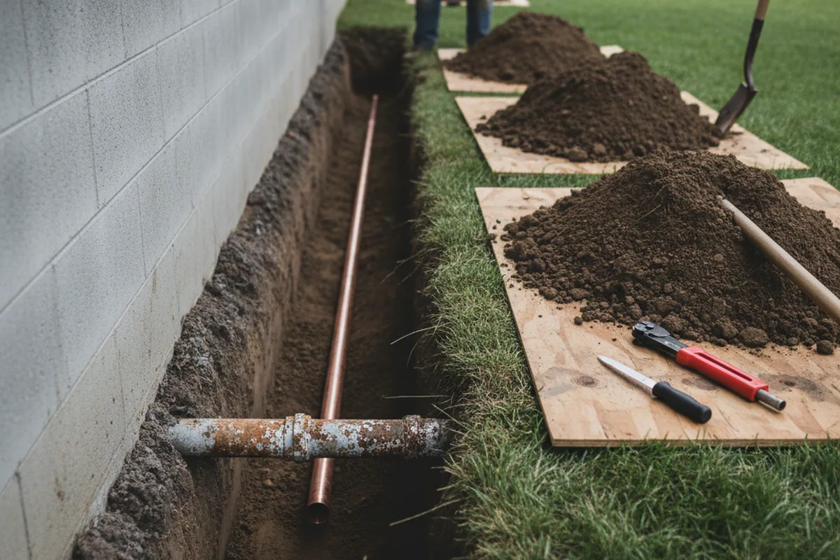 Excavated water line trench during Sewer Line Repair in Bethel Island